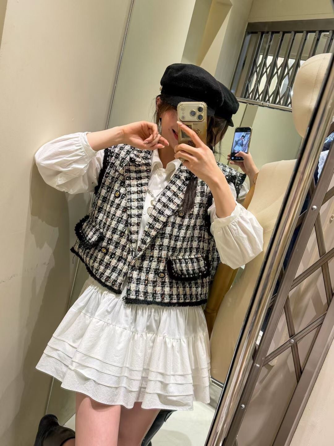 經典黑混色格紋編織蕾絲滾邊背心外套-F