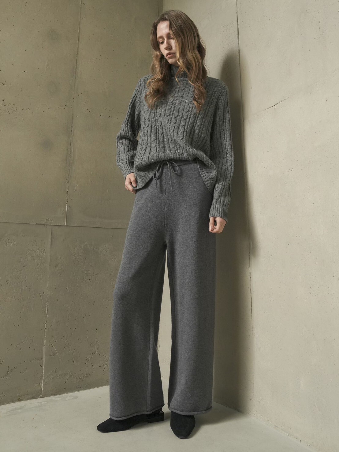 鬆緊腰同色系綁帶磨毛針織褲長褲-F / 4色