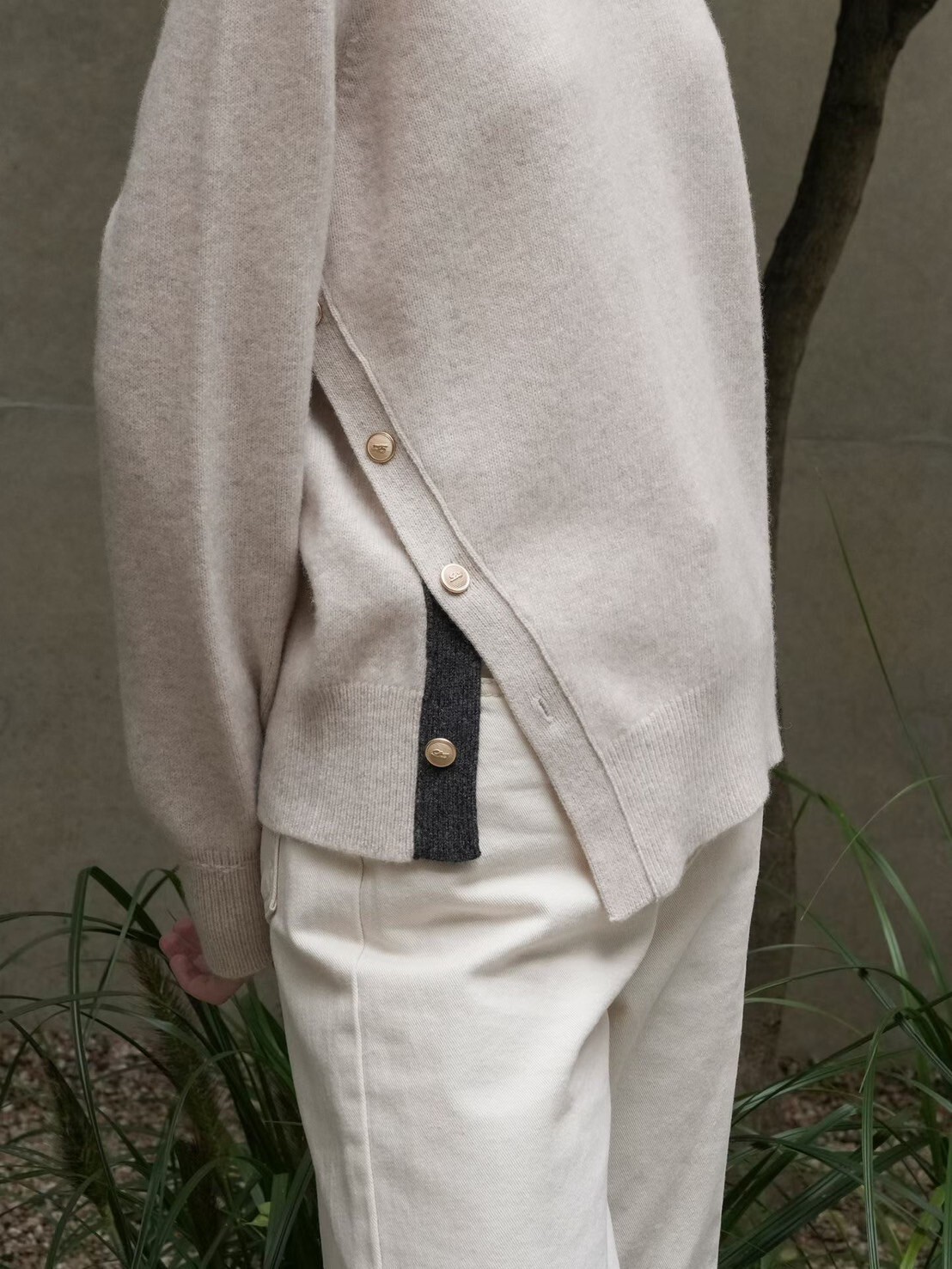 前短後長側排釦造型圓領上衣-F / 5色