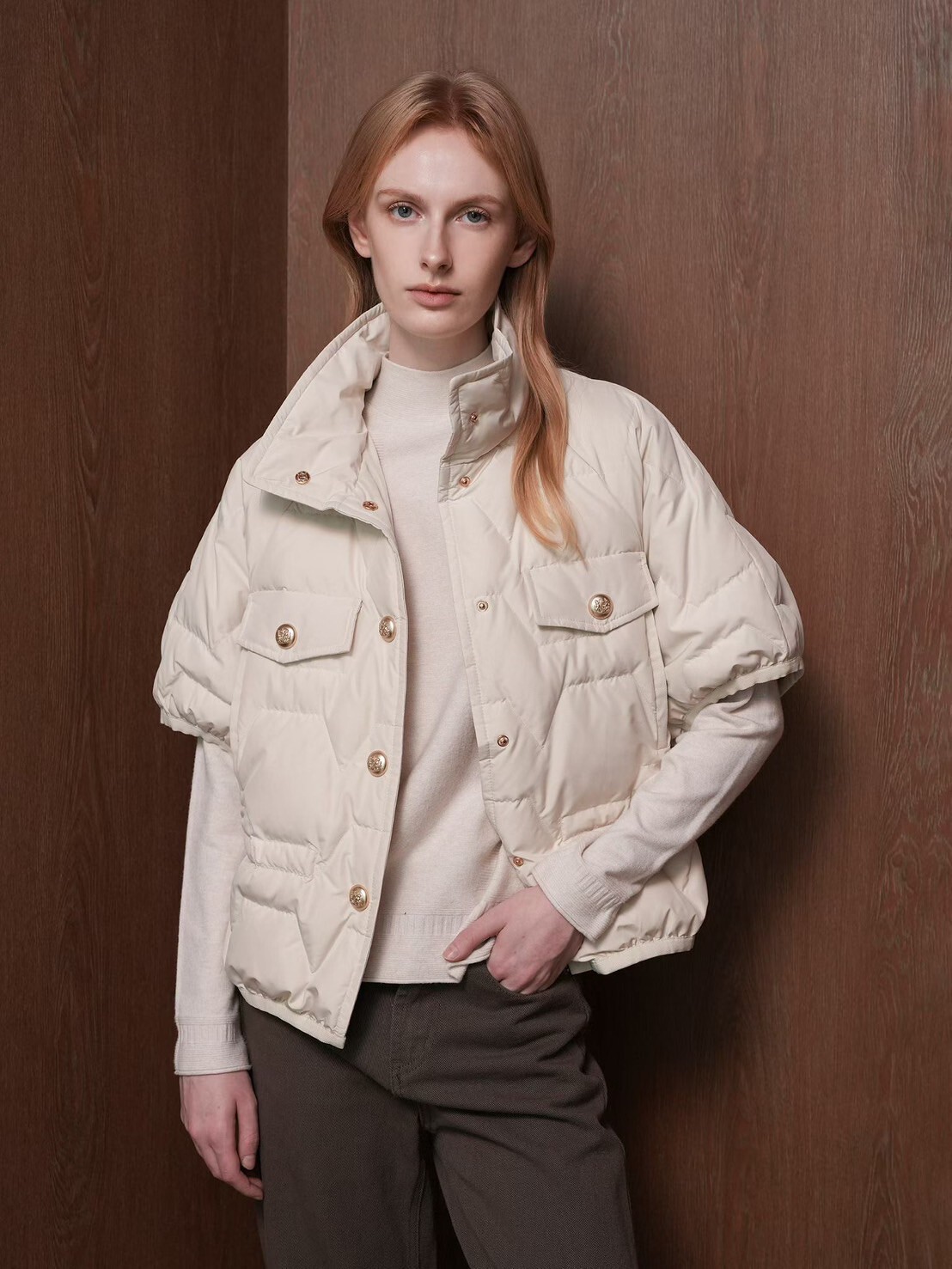 縫線壓紋鋪棉五分袖排扣立領外套-F / 2色