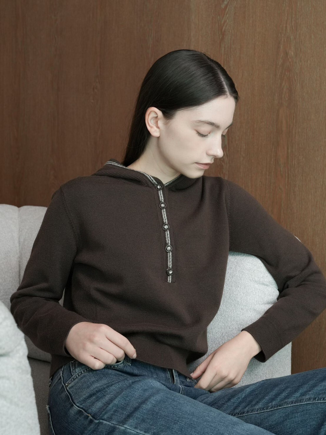 學院風編織滾邊排釦連帽造型上衣-F / 3色