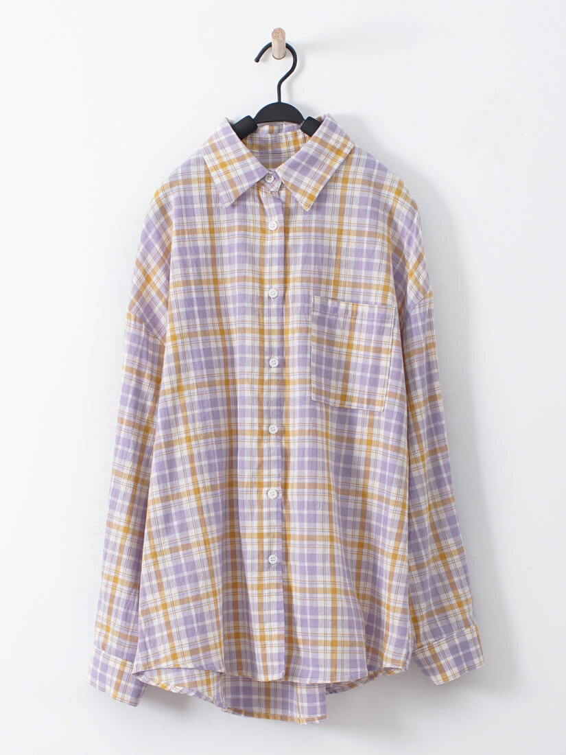 棉麻感紫紫芋泥格紋襯衫