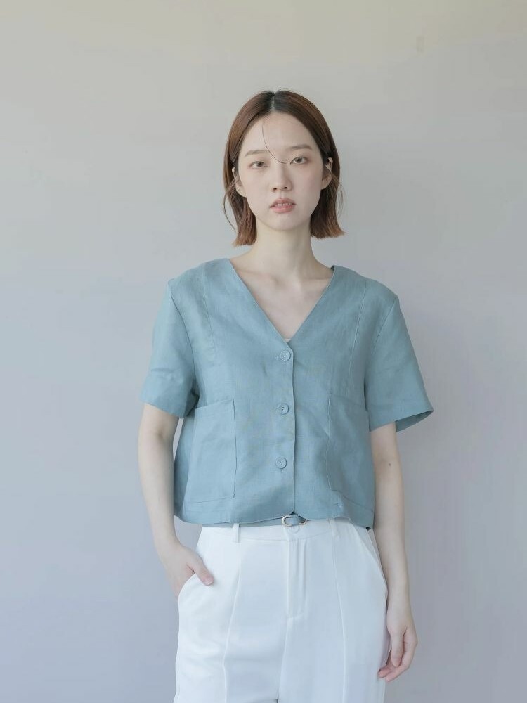 OH!HER 純亞麻V領短袖西裝外套