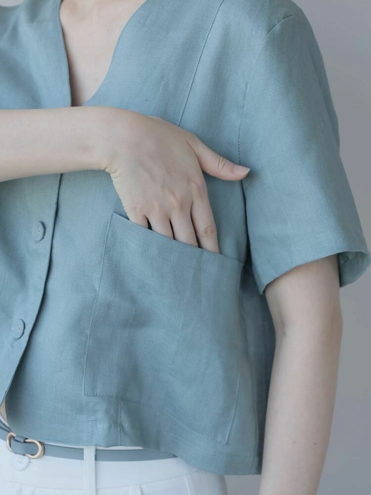 OH!HER 純亞麻V領短袖西裝外套