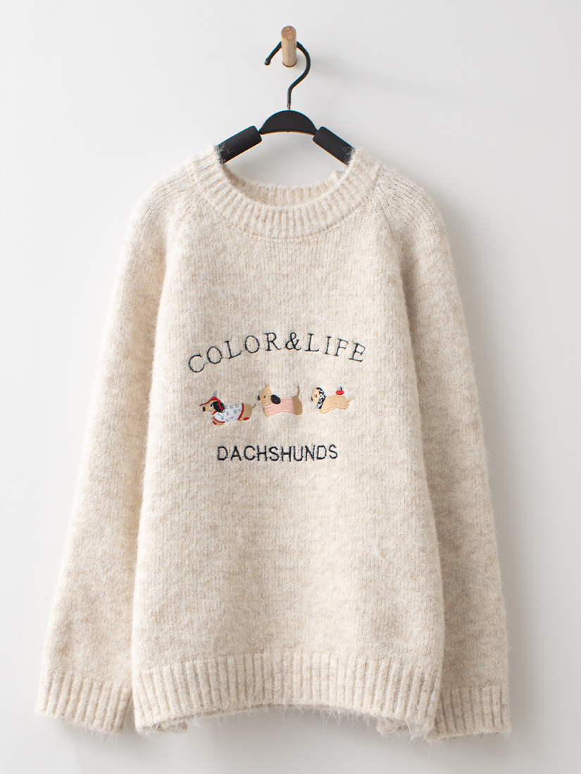 繡花針織毛衣剪接絨面長裙組合