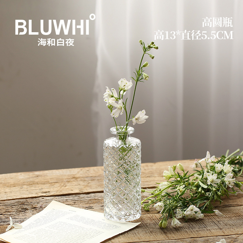 【台灣廠商現貨速發】復古浮雕玻璃花瓶｜簡約菱格風花瓶｜高圓瓶 裝飾瓶 單枝花瓶 玻璃花瓶 北歐花瓶 乾燥花瓶 透明花瓶 花器 綠植花器 居家擺飾 辦公室小物