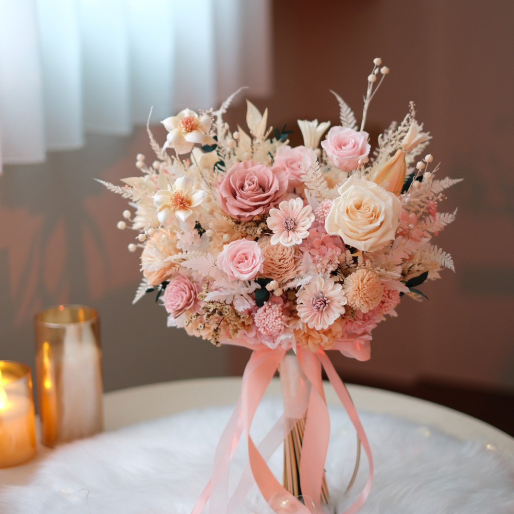 粉橘色永生捧花 精緻新娘捧花