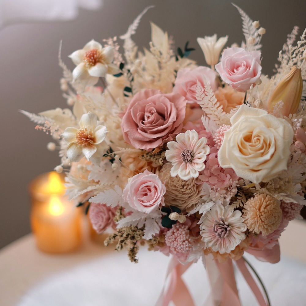 粉橘色永生捧花 精緻新娘捧花