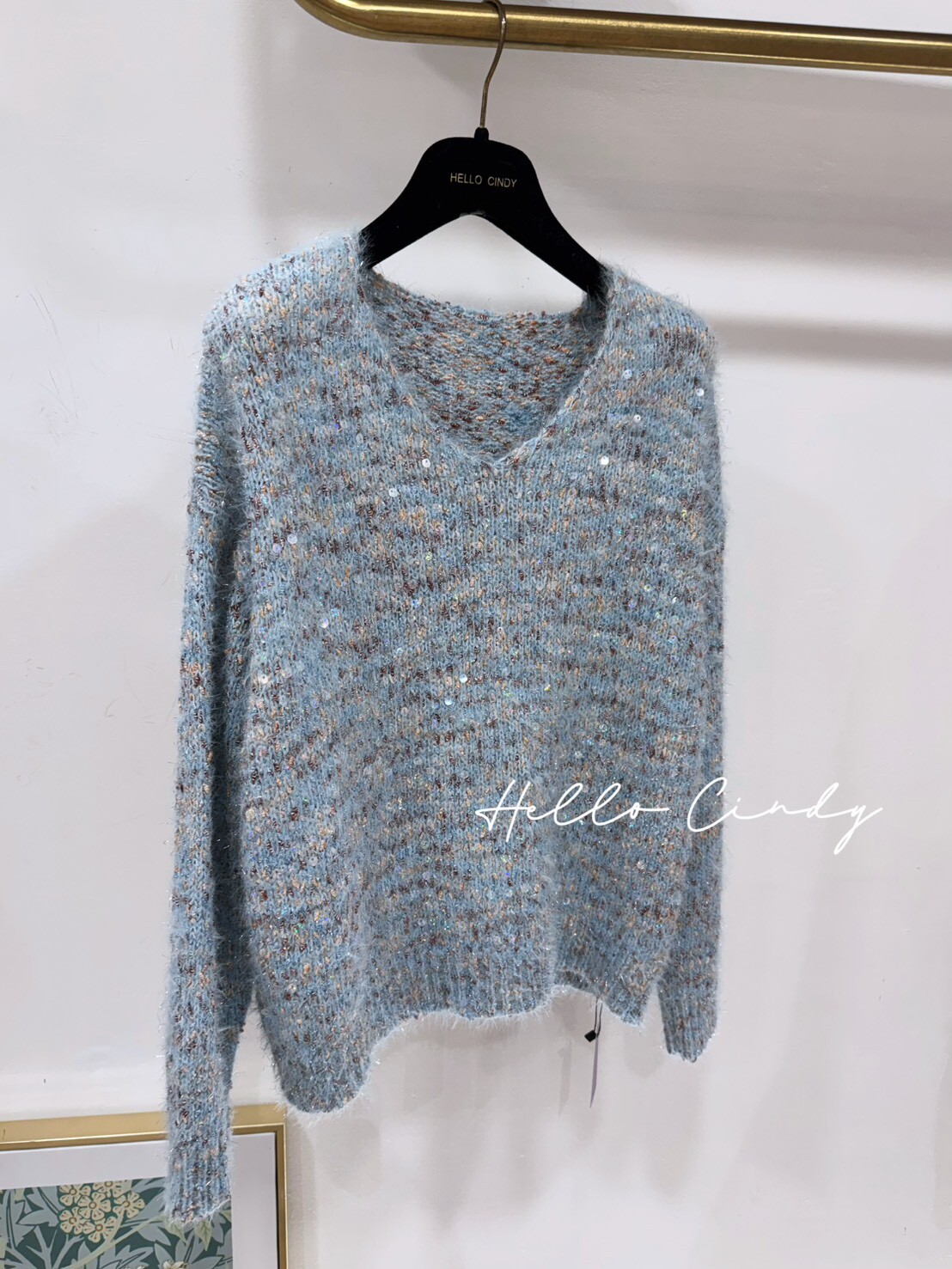 B01042 Cindy 自留韓國同款超顯白V領亮片混色針織上衣