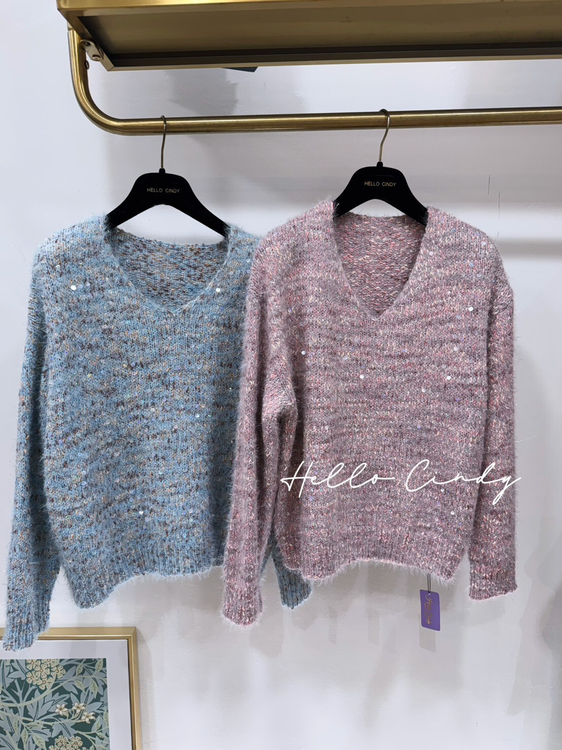 B01042 Cindy 自留韓國同款超顯白V領亮片混色針織上衣