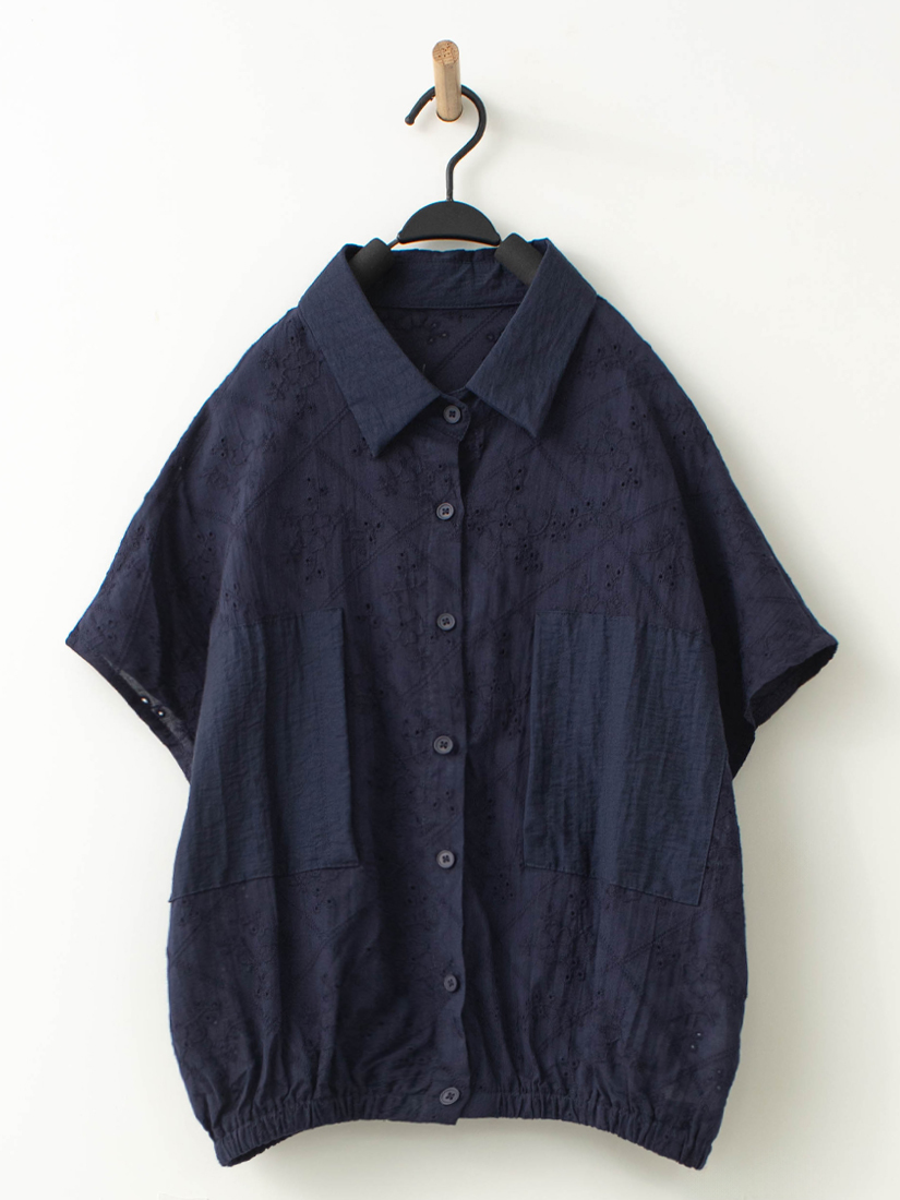 日系自然簍空棉布繡花連袖上衣