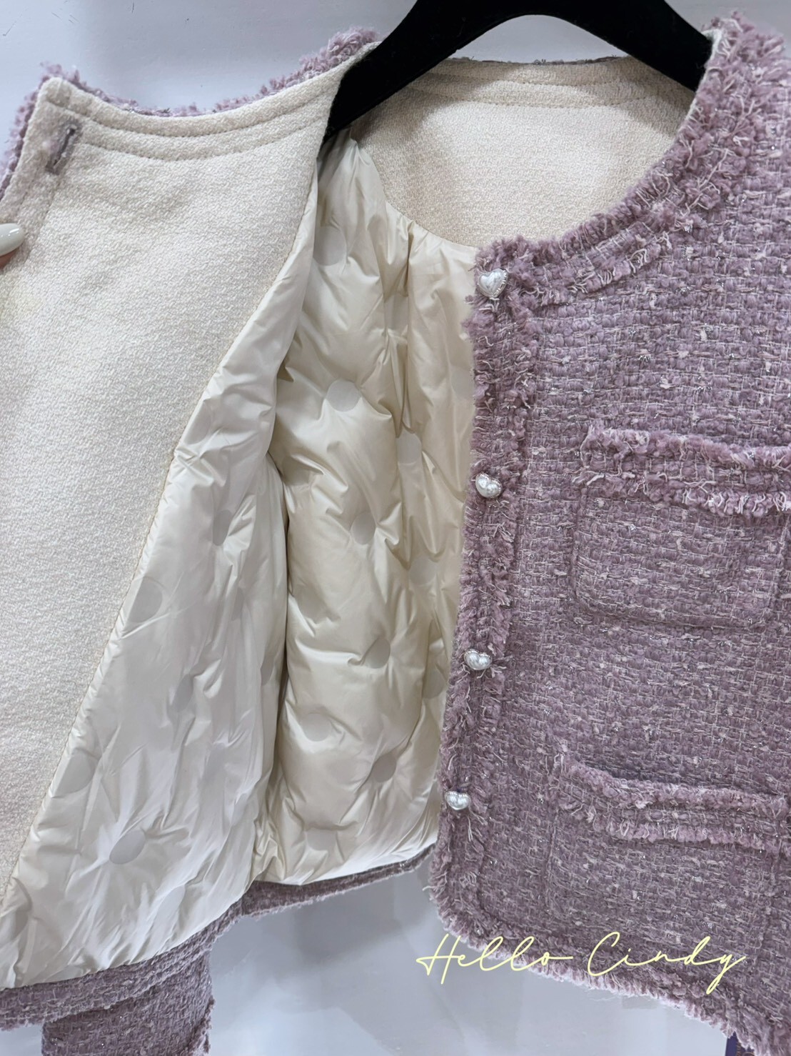 B01066 90 %白鴨絨愛心珍珠釦小香風粉色毛呢外套