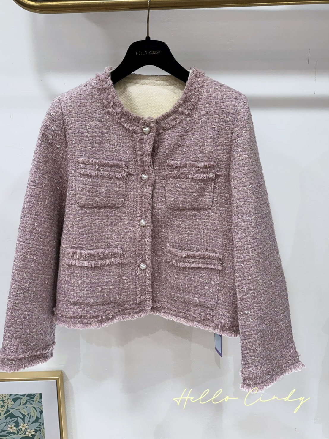 B01066 90 %白鴨絨愛心珍珠釦小香風粉色毛呢外套