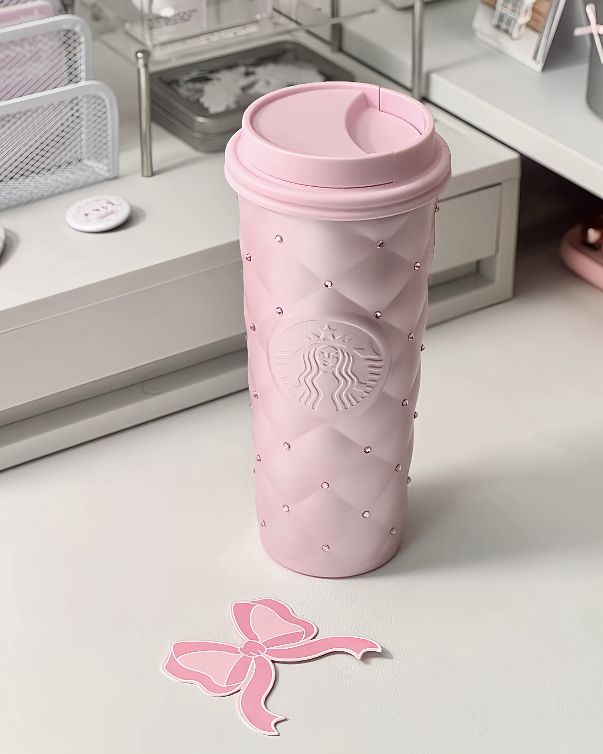 Starbucks 星巴克 2026情人節限定 粉鑽蝴蝶結 粉色 菱格紋 不銹鋼吸管杯 禮盒組 591ml