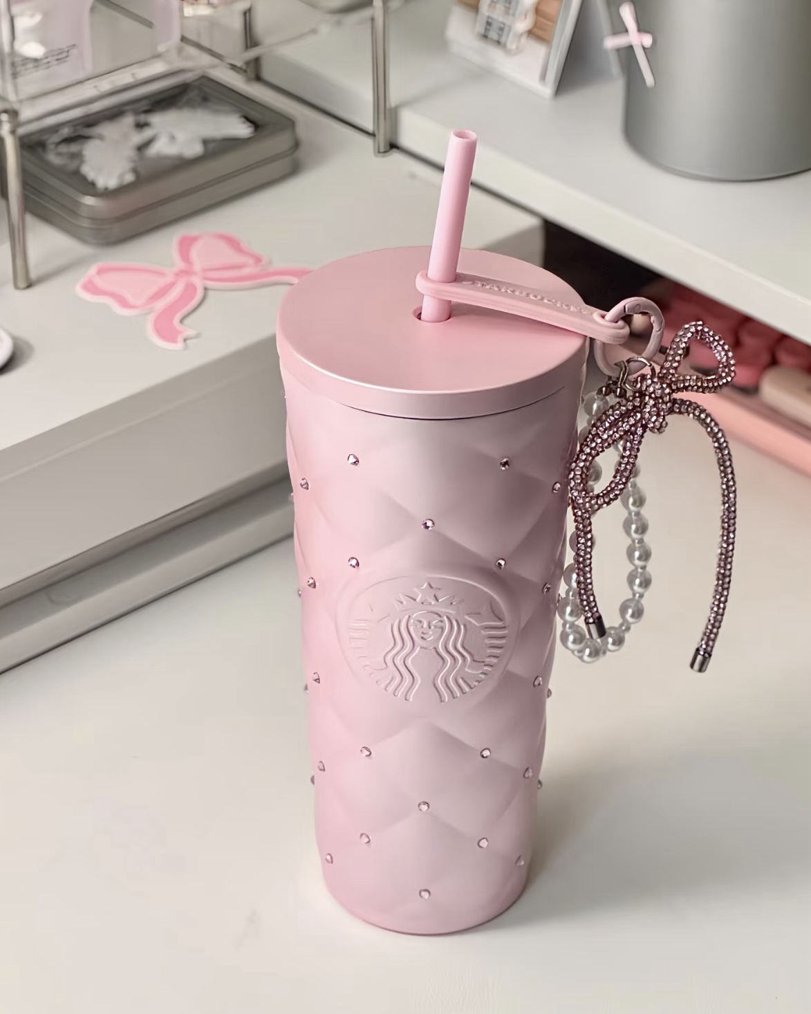 Starbucks 星巴克 2026情人節限定 粉鑽蝴蝶結 粉色 菱格紋 不銹鋼吸管杯 禮盒組 591ml