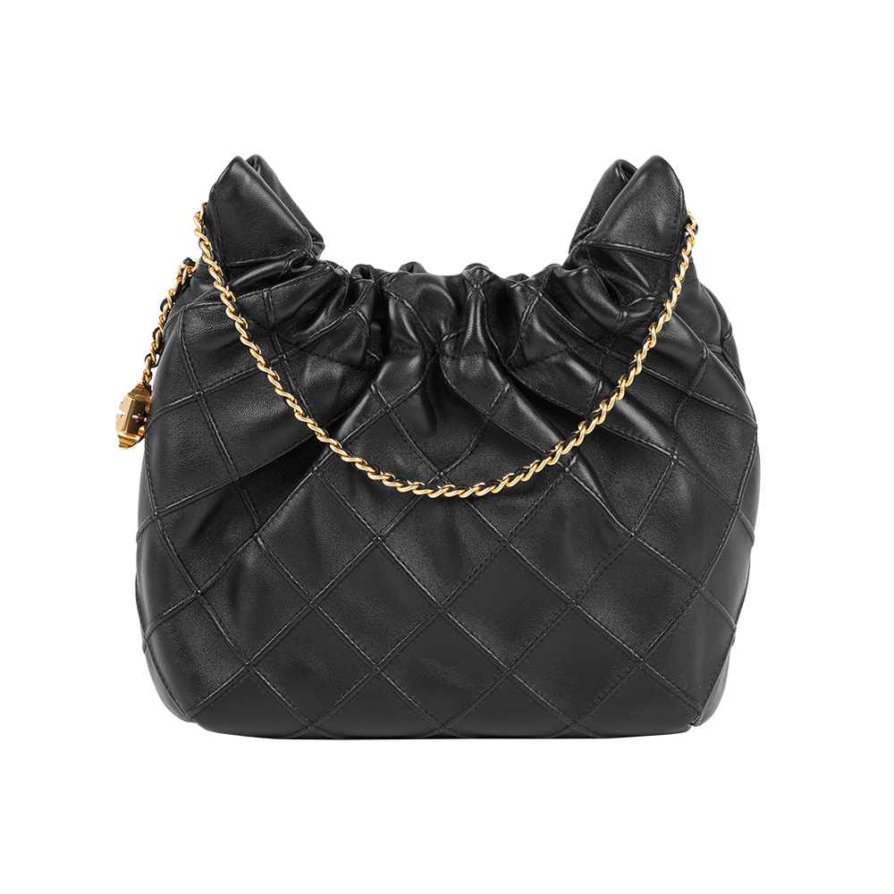 【Tory Burch】Fleming Hobo 縫線納帕皮革手提/斜背迷你二用包(黑色)