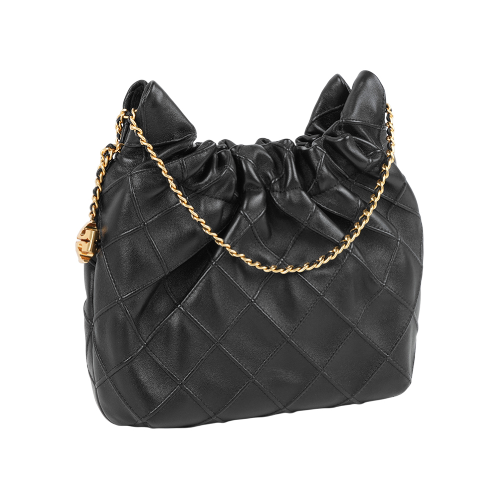 【Tory Burch】Fleming Hobo 縫線納帕皮革手提/斜背迷你二用包(黑色)