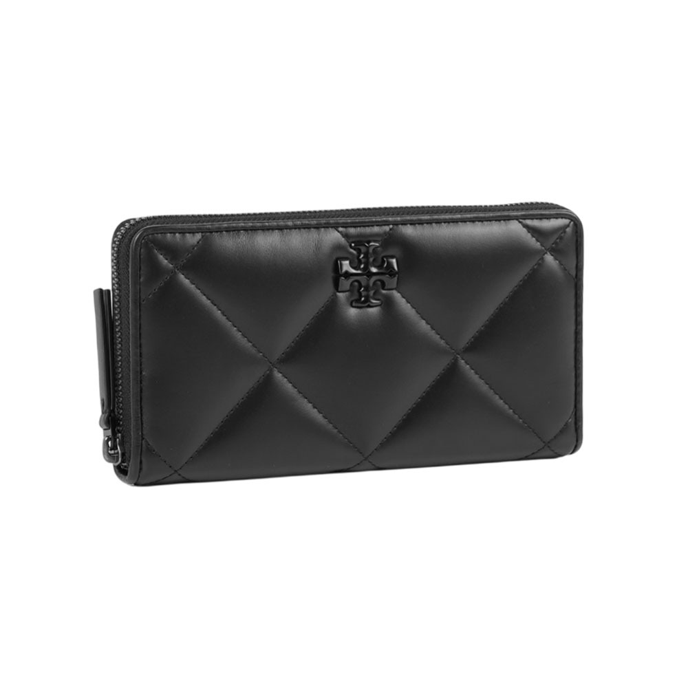 【Tory Burch】Kira 黑釦縫線皮革ㄇ形拉鍊長夾(黑色)