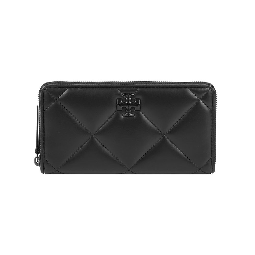 【Tory Burch】Kira 黑釦縫線皮革ㄇ形拉鍊長夾(黑色)