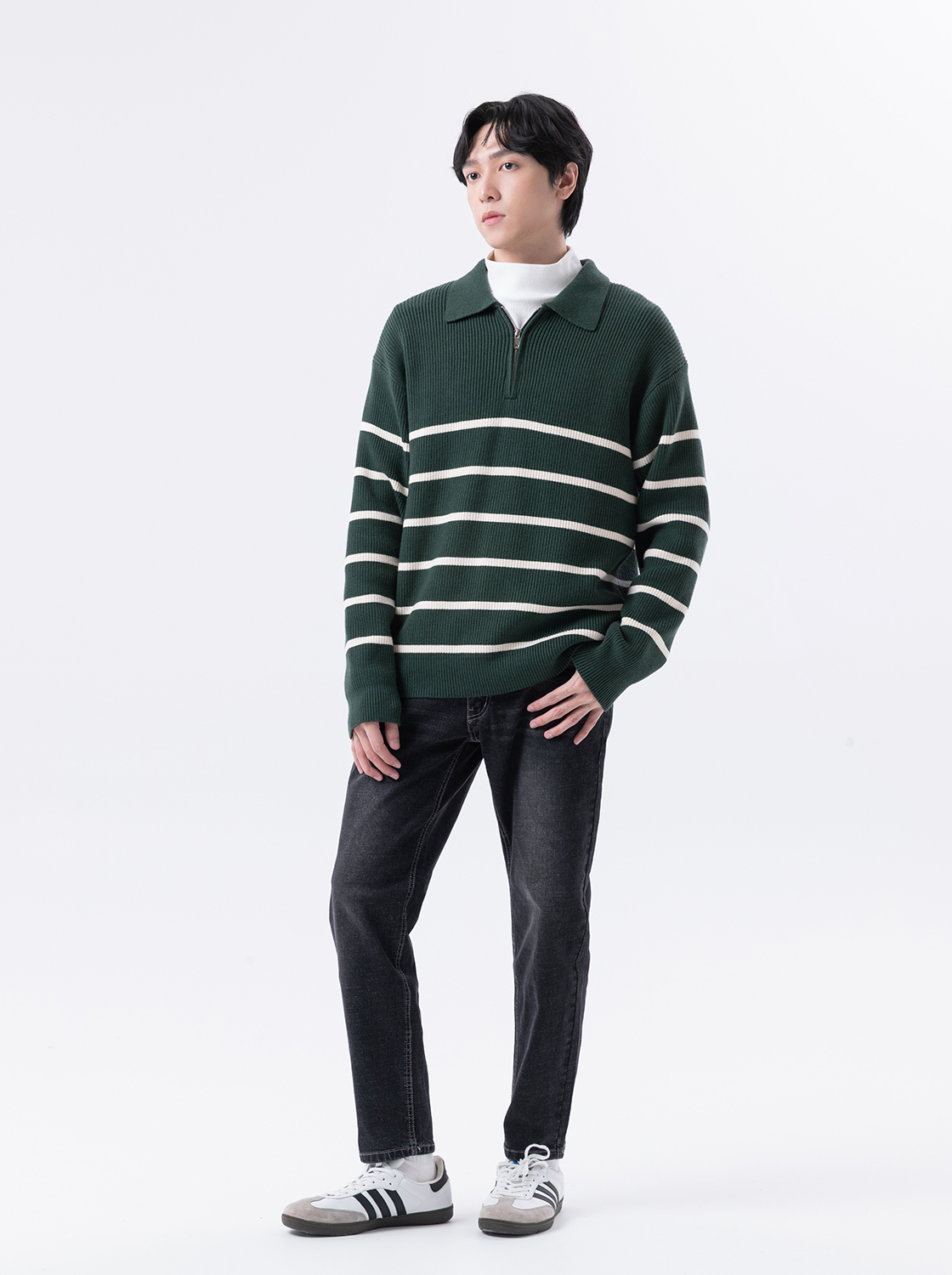 經典刷色彈力丹寧窄管褲