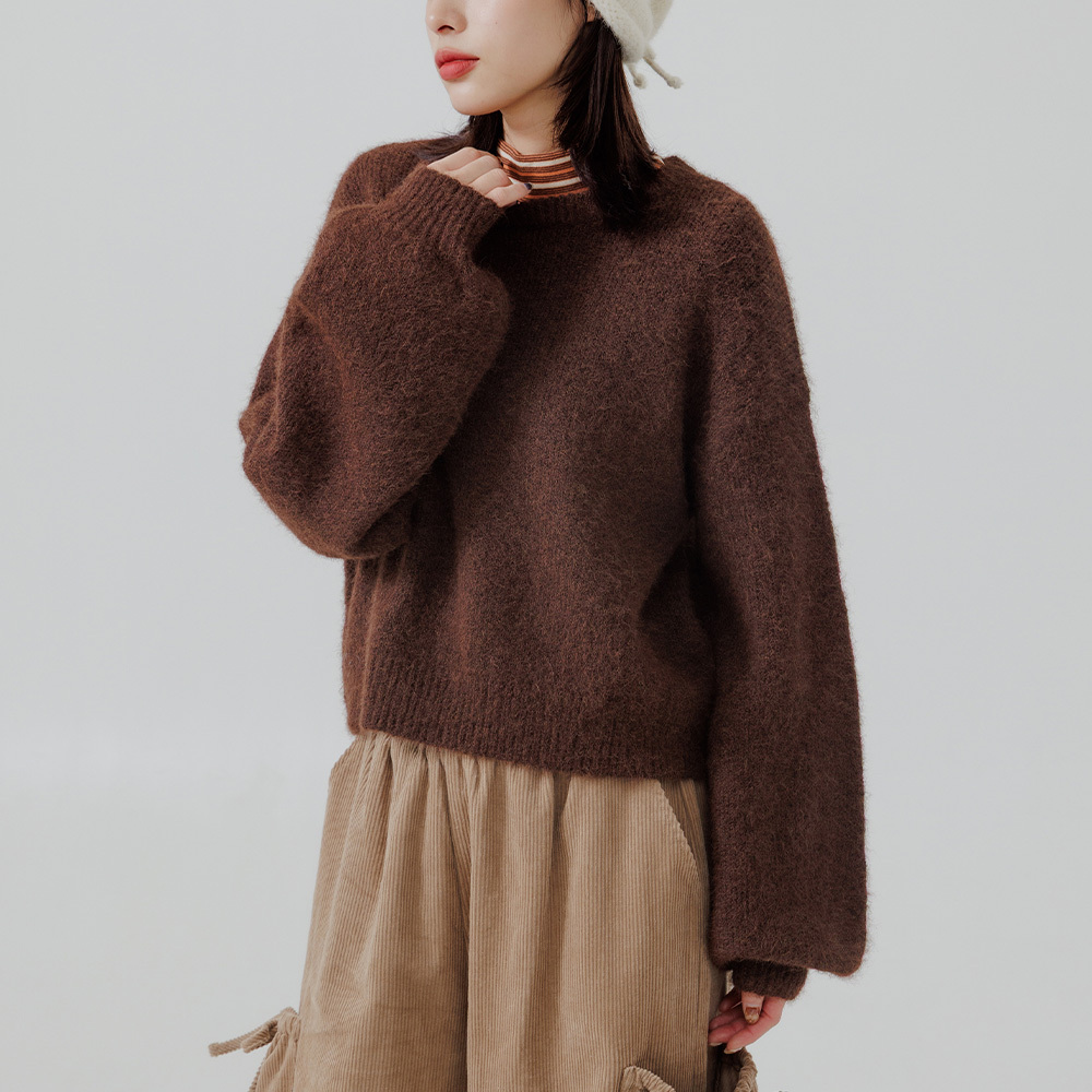 Fleece-feel puff sleeve short knit sweater, available in four colors【01071229】in stock+pre-order
