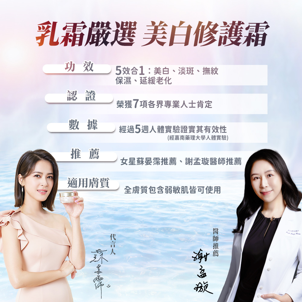 安美諾美白修護霜產品特色總覽：主打5效合1美白淡斑，經人體實驗證實有效，且配方溫和，全膚質與弱敏肌皆可安心使用。