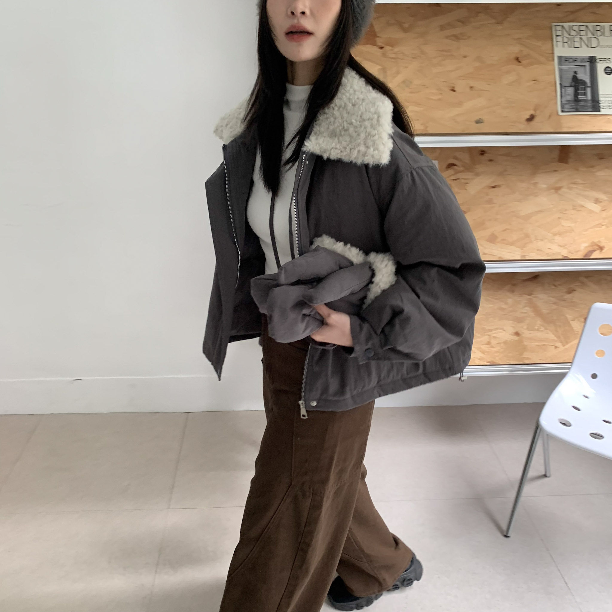 ISA_秋冬離不開! 毛領拼接(附手套)鋪棉外套_51224