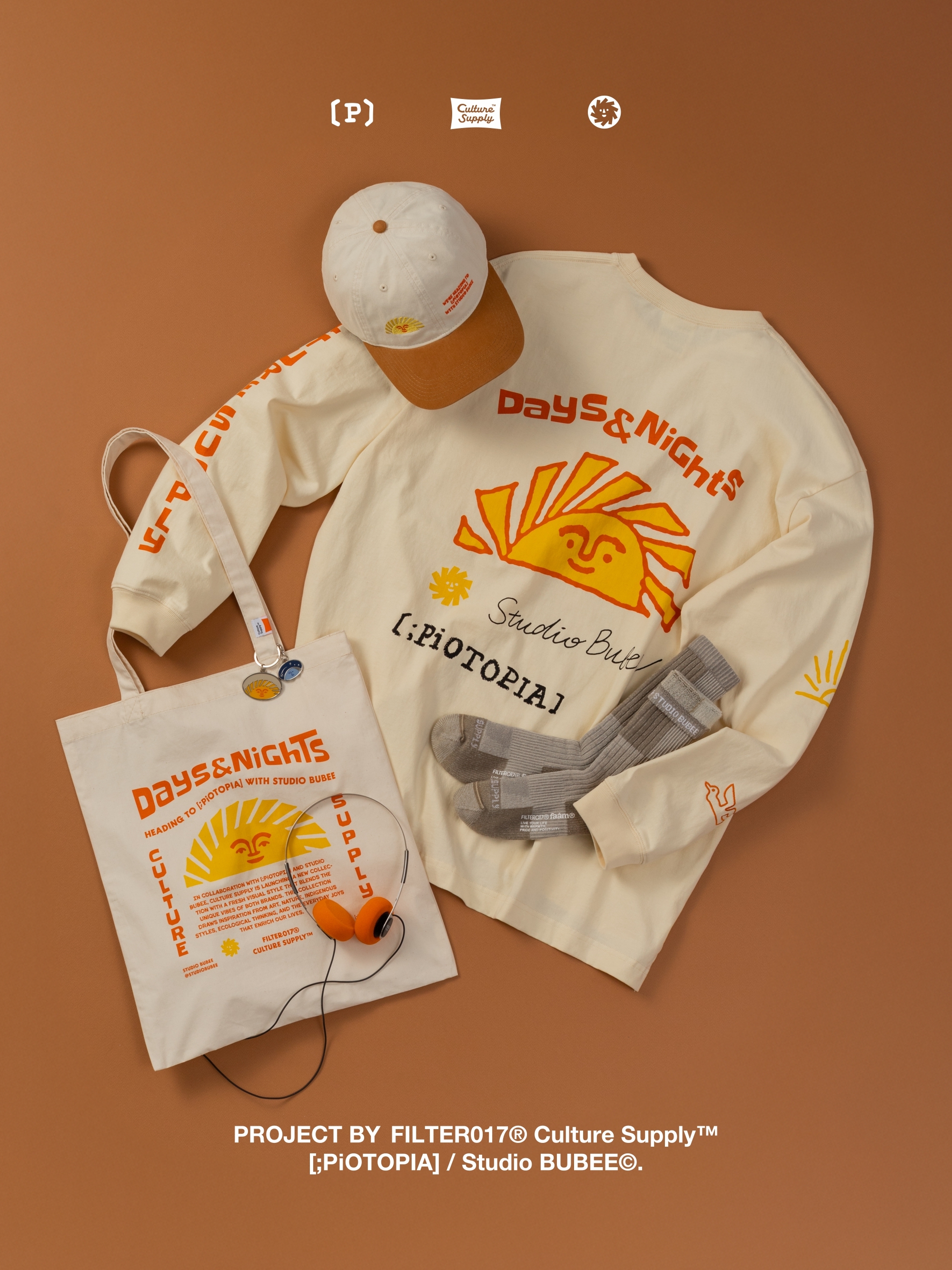 Days and Nights 商品照：棒球帽-月(藍色)+洗舊藍圖像長T+ 針織收納包+托特包-月(藍色)