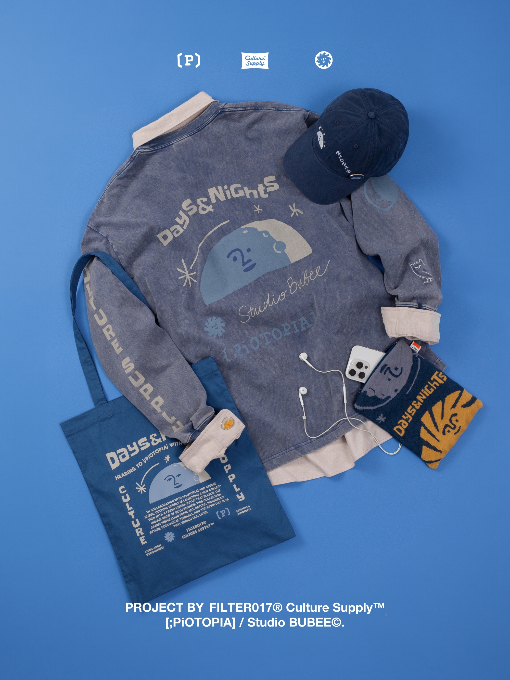 Days and Nights 商品照：棒球帽-日(米白色)+米色圖像長T+灰色刺繡羊毛襪+托特包-日(米白色)