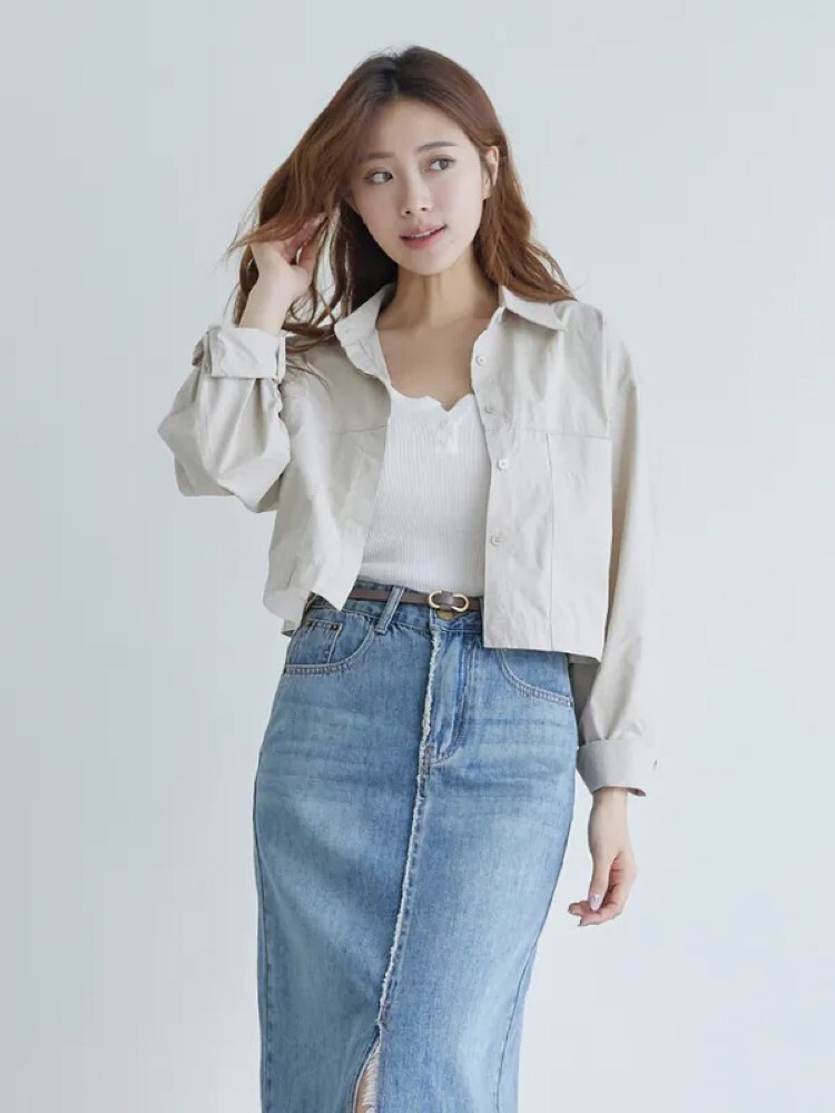 2603 OH!HER 夏季純色雙口袋短版襯衫