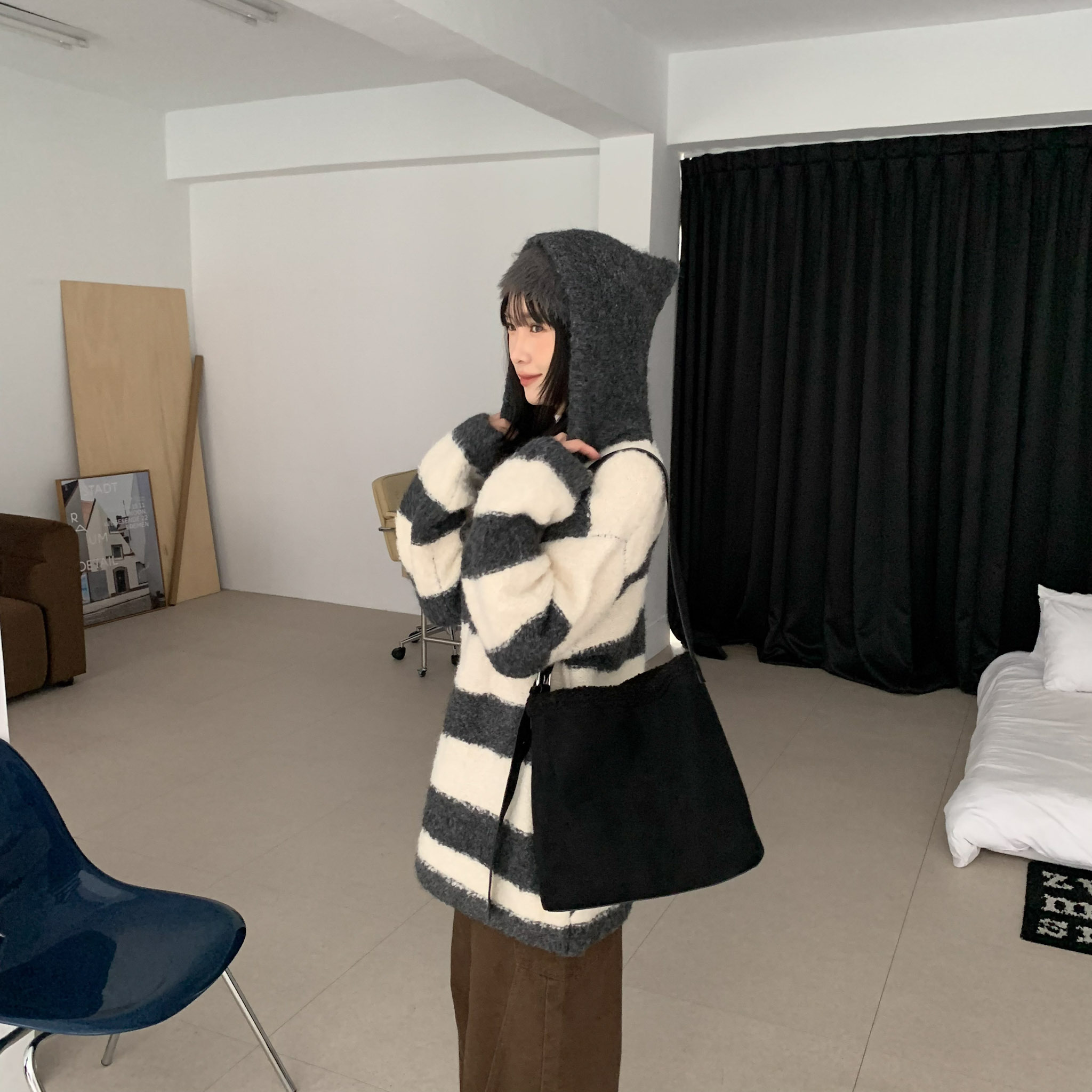 ISA_lazy mode 泰迪圈圈紗條紋連帽上衣_51260