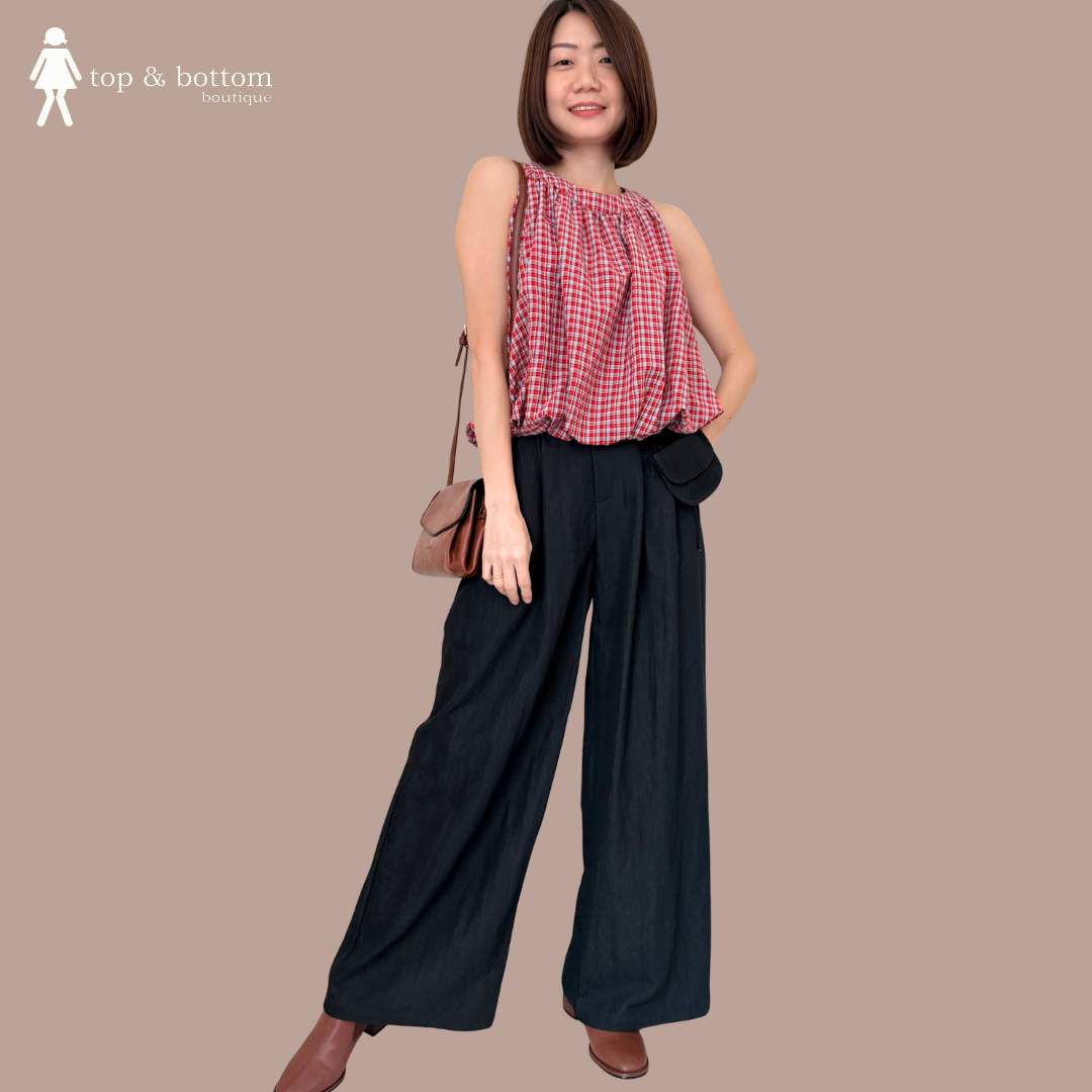 CHECKED BUBBLE BLOUSE & LONG PANT SET SUIT