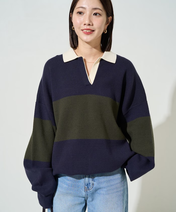 FREAK'S STORE 配色 襟 スキッパー ニット プルオーバー深藍x綠（1332248900631）