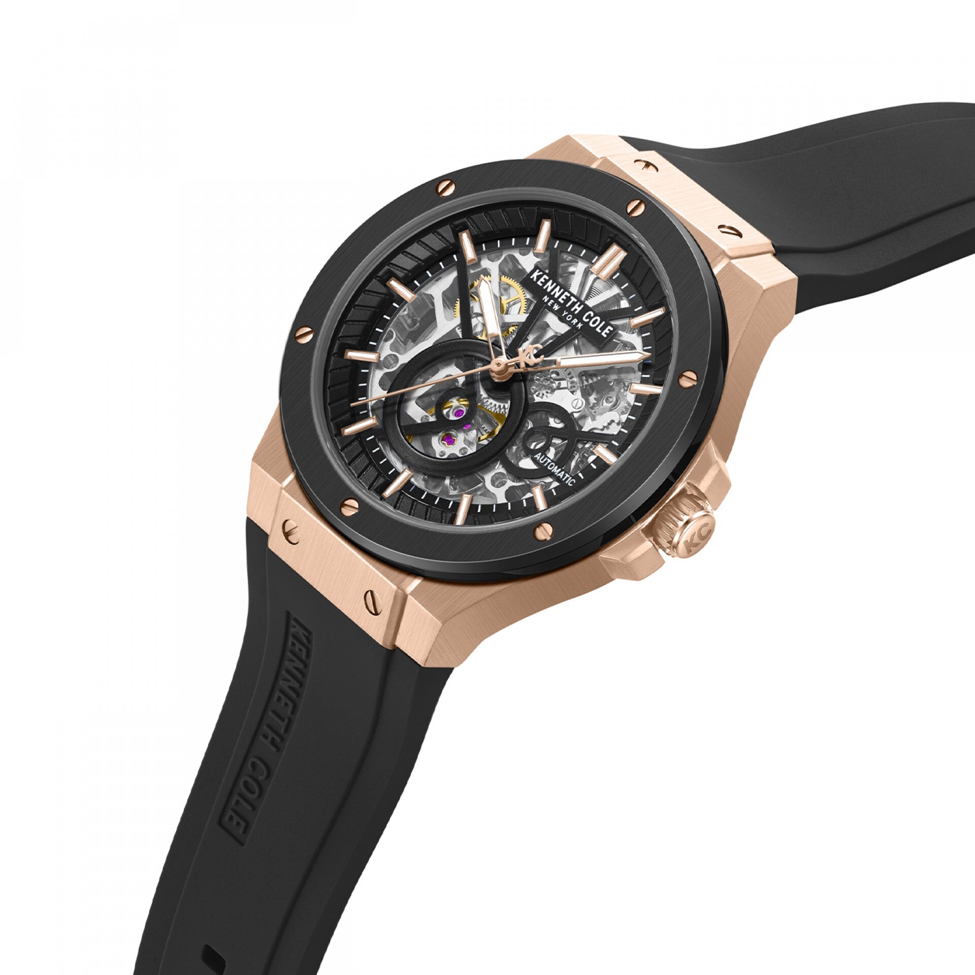 萬年鐘錶 - KENNETH COLE  美國紐約品牌  黑色透視機芯機械橡膠錶帶男錶 KCWGZ0080802 錶徑43MM