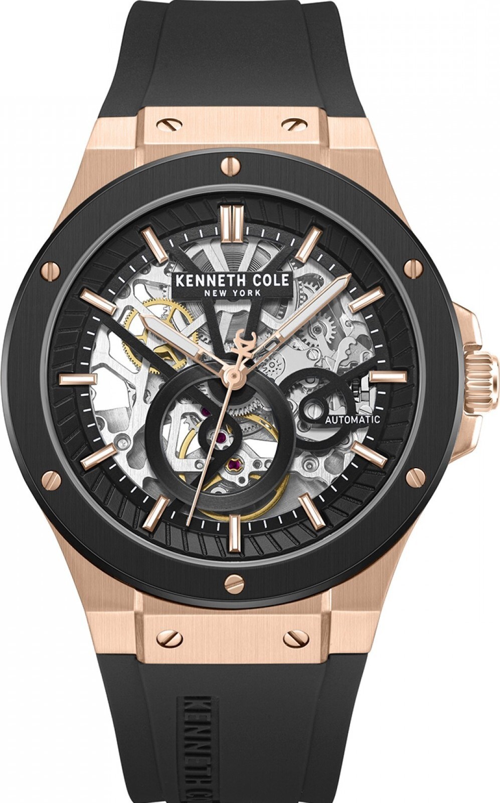 萬年鐘錶 - KENNETH COLE  美國紐約品牌  黑色透視機芯機械橡膠錶帶男錶 KCWGZ0080802 錶徑43MM