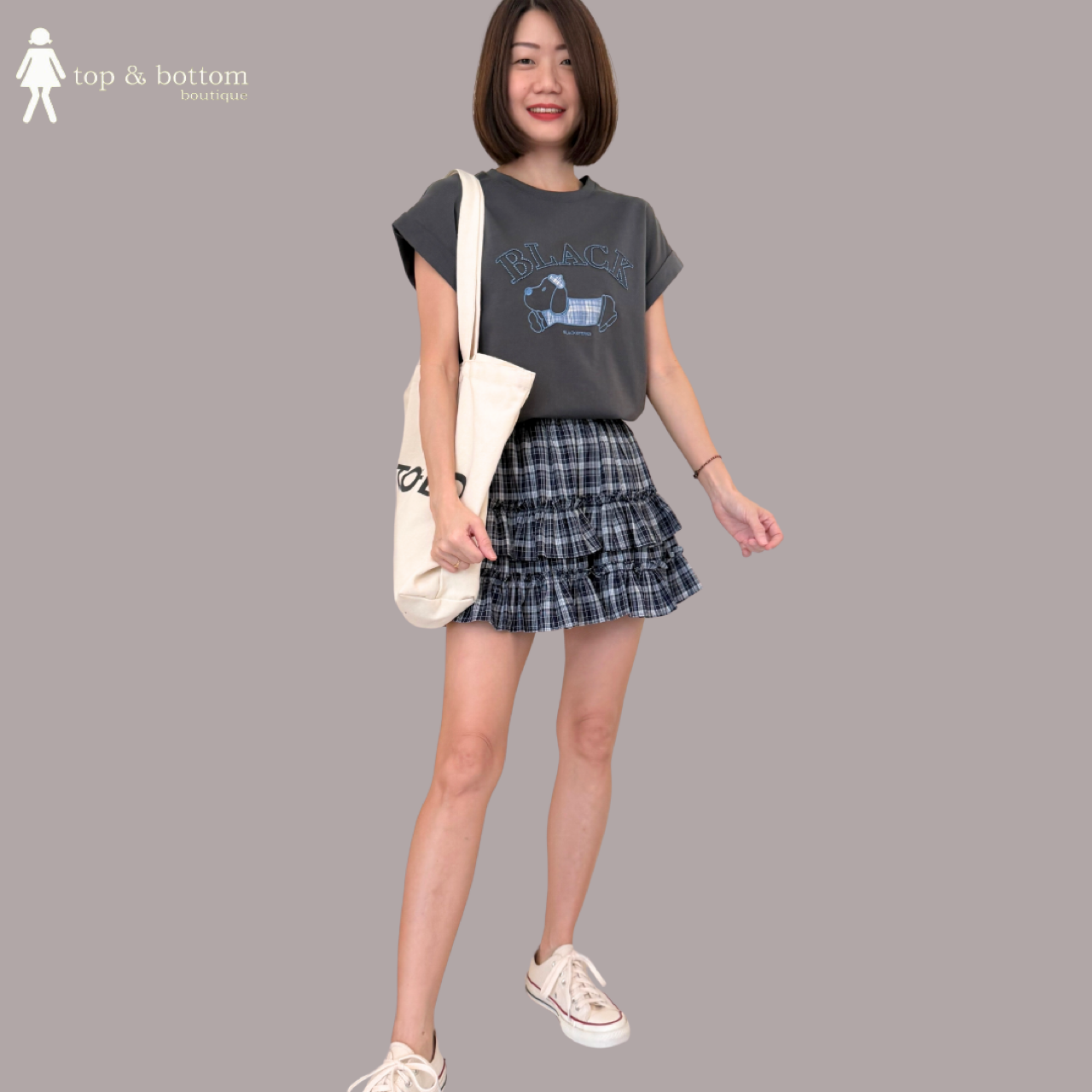 EMBROIDERED TEE & SHORT CHECKED SKIRT SET SUIT WITH HAIR TIE