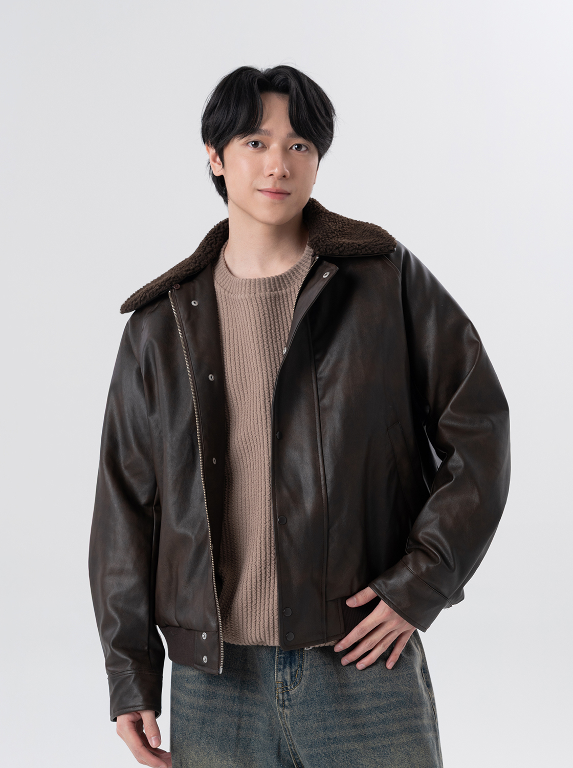 【期間限定】毛領皮革飛行外套