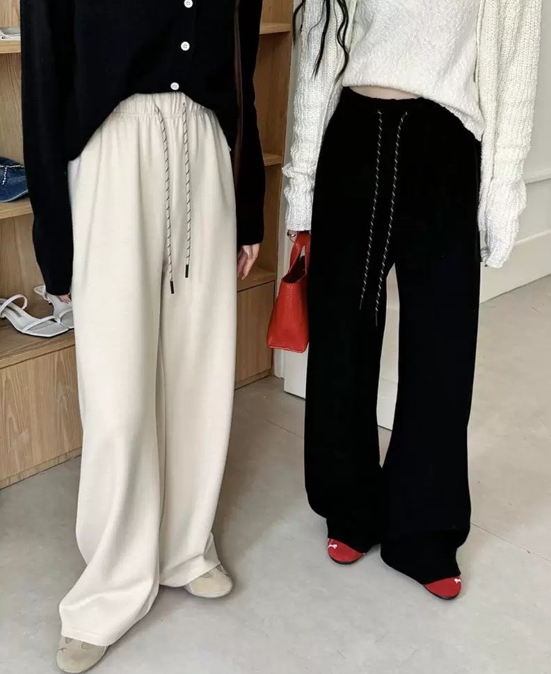 斜紋抽繩鬆緊刷絨寬褲