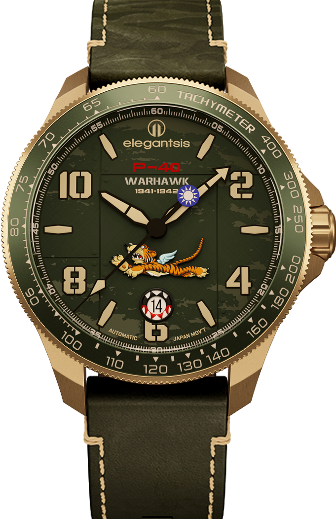 萬年鐘錶 - elegantsis 愛樂時 2.0飛虎隊青銅錶殼限量機械腕錶-軍綠色 ELJX42AS-FT2.0-9G02LC 錶徑42.5MM
