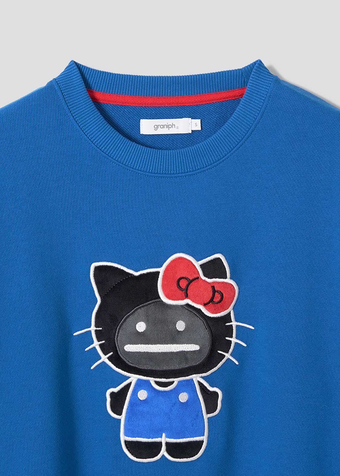 🇯🇵 HELLO KITTY X graniph "HELLO SHADOW" 三麗鷗 凱蒂貓 KITTY貓 聯名 貼花 刺繡 抓絨大學T 長袖 無刷毛 寶藍 / 預購
