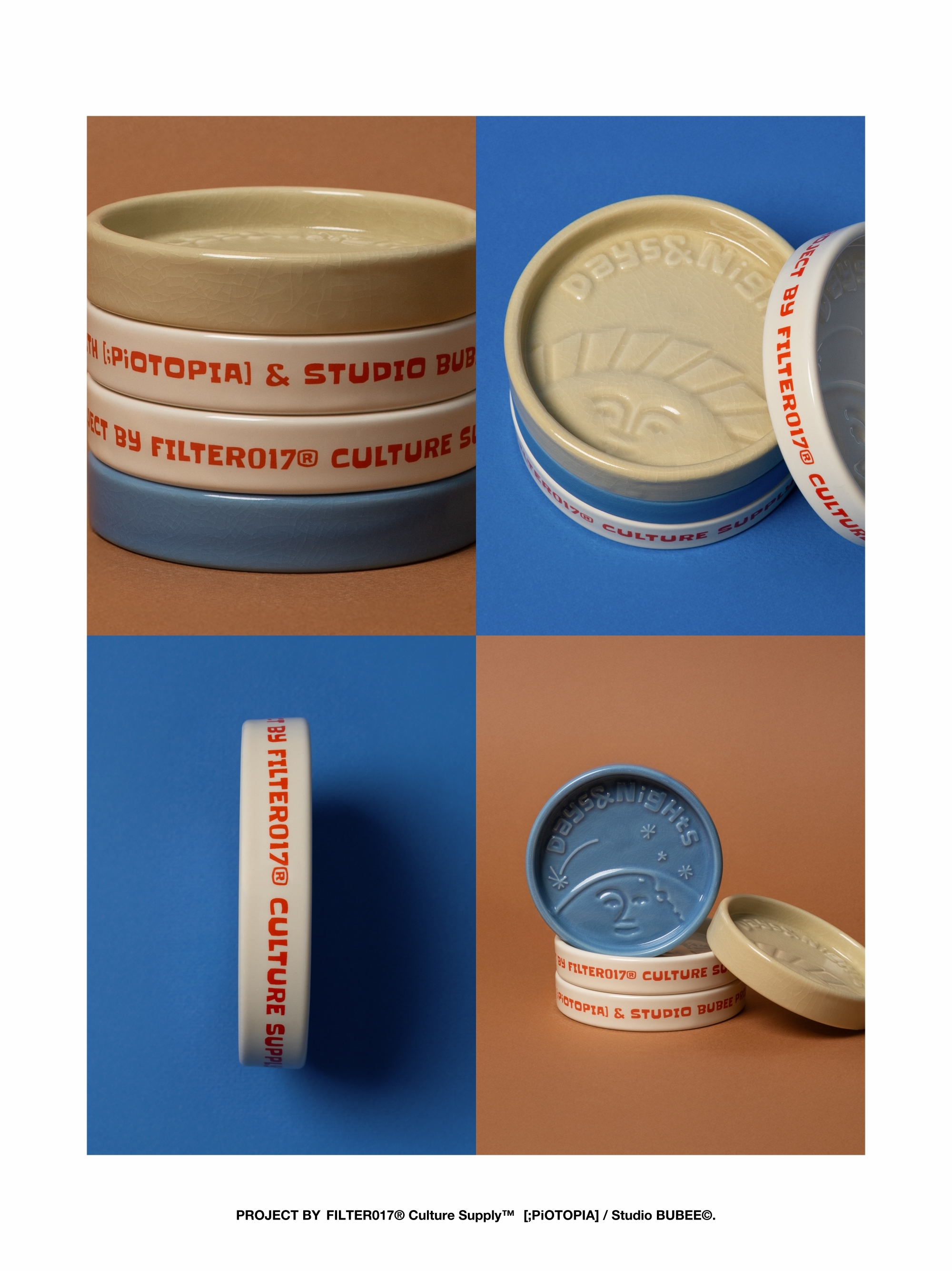 陶瓷線香盤,側面及正面細節樣式,正面為太陽圖案,側面印有FILTER017的LOGO字樣