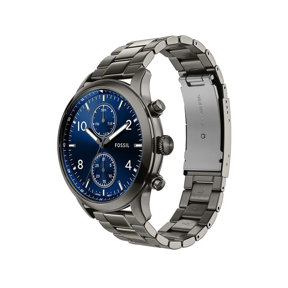 萬年鐘錶 - Fossil   Bennett 深藍放射紋面盤深灰色不鏽鋼錶帶男錶 BQM7107 錶徑45MM