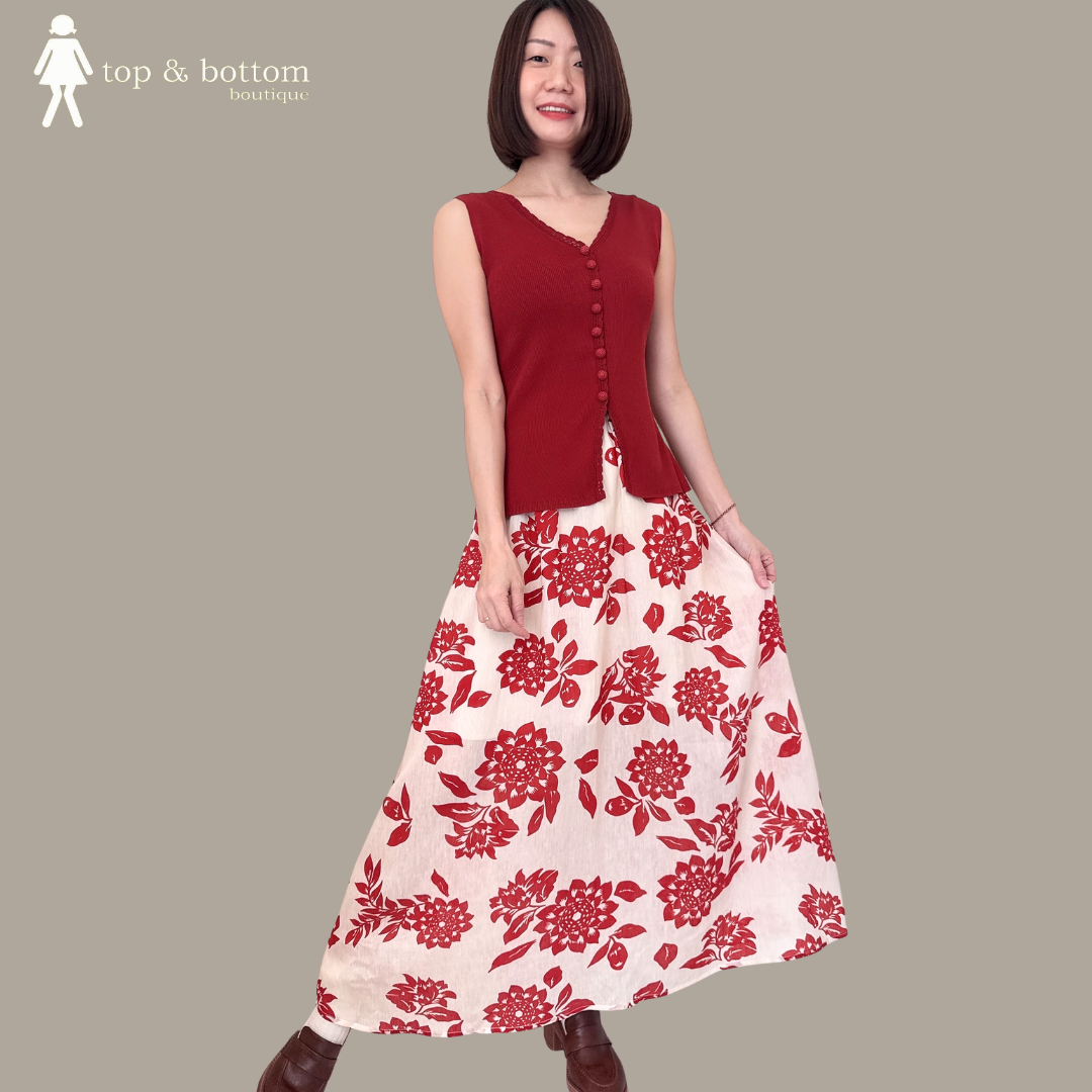 KNIT BUTTON BLOUSE & FLORAL SKIRT SET SUIT