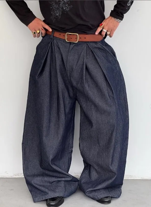 <不管多賠‼就是要清🔥>NG-S-2IDIOTS LABEL 褶襉寬鬆毛邊牛仔褲