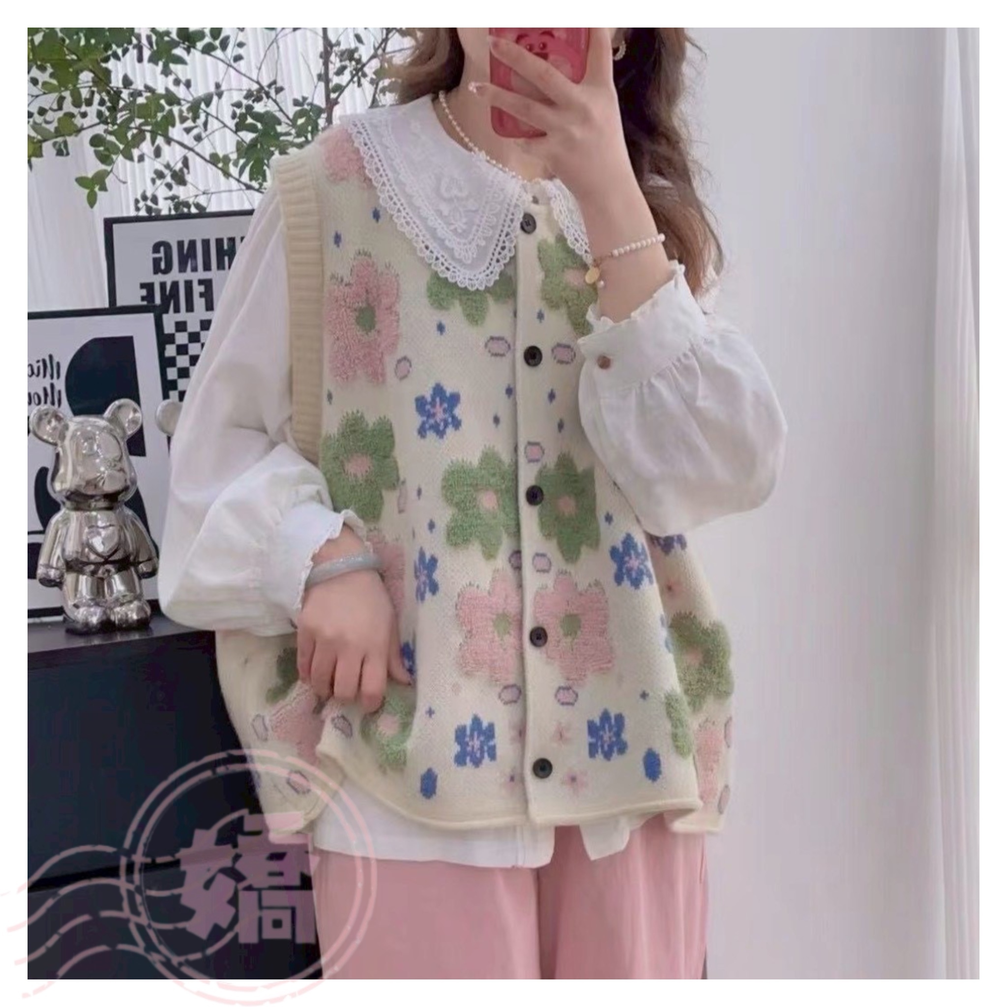 *T09079滿版花花針織背心(杏)