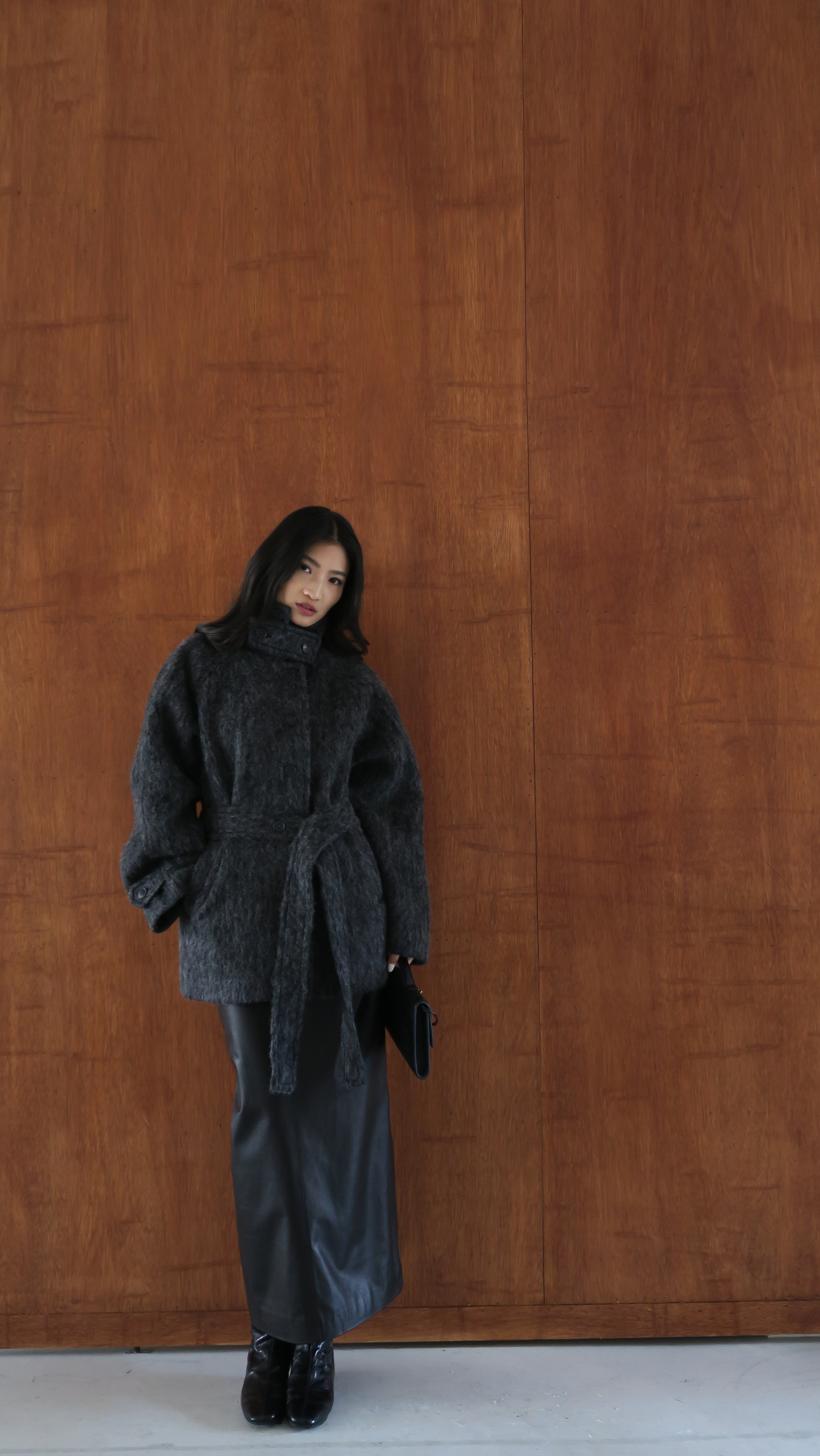 高領綁帶毛料外套