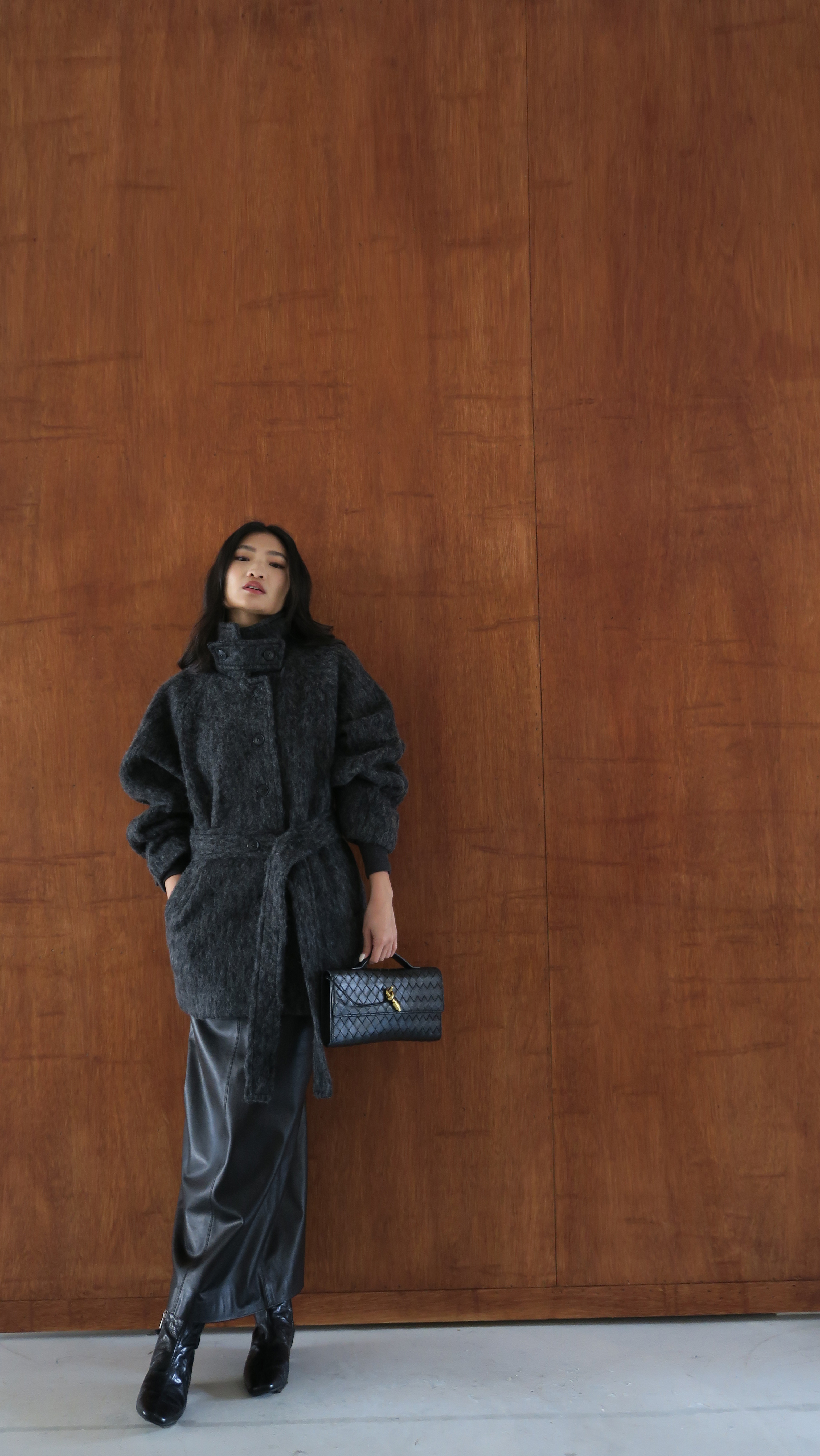 高領綁帶毛料外套