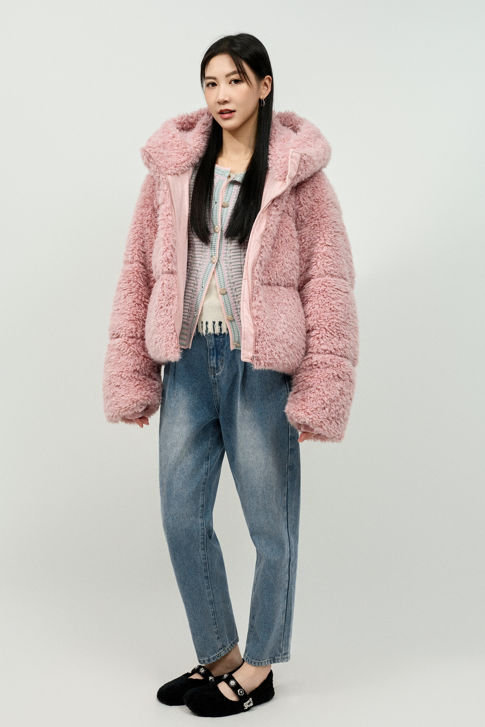 毛毛羽絨短身帽外套（預購產品）