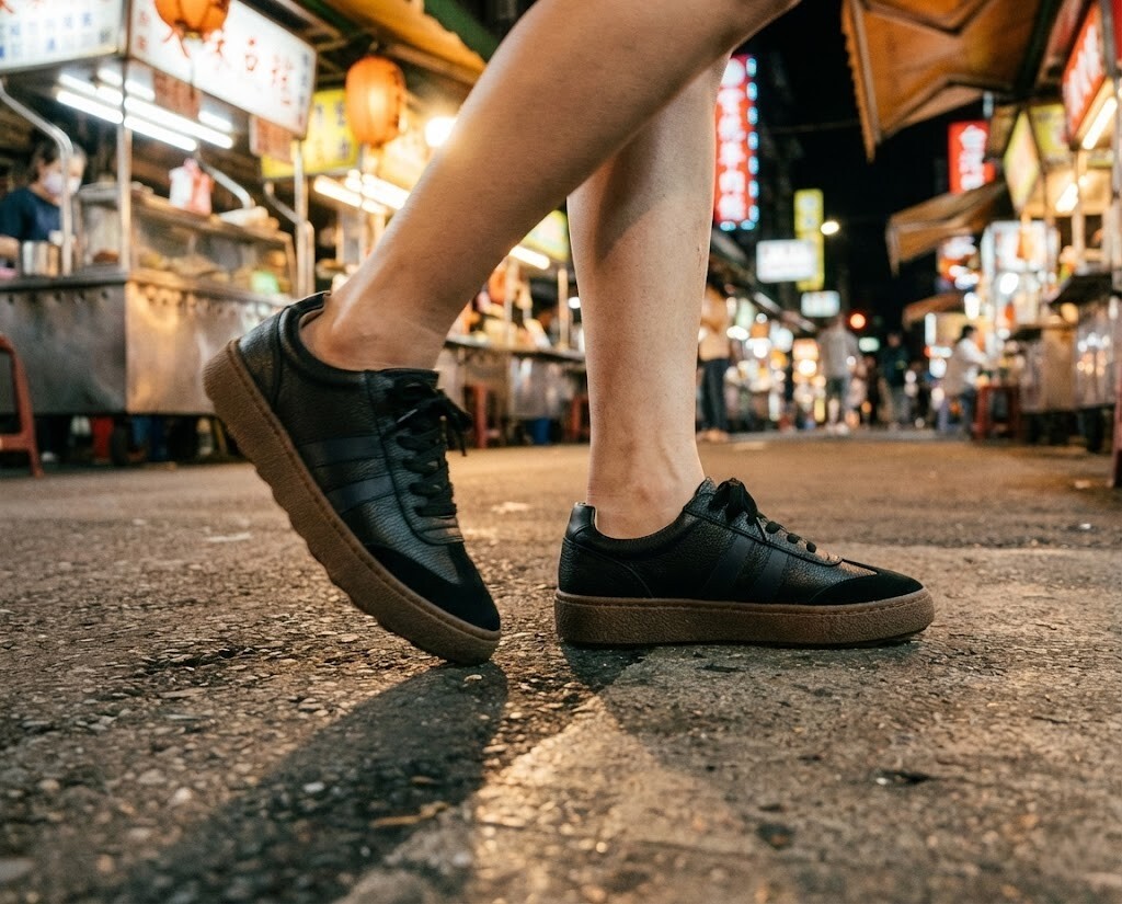 比較逛夜市適合的鞋款，分析 Sanly Joy 厚底樂福鞋與德訓鞋的包覆性與舒適度優勢，強調橡膠大底防滑安全，是高雄旅遊久走必備的好鞋推薦。