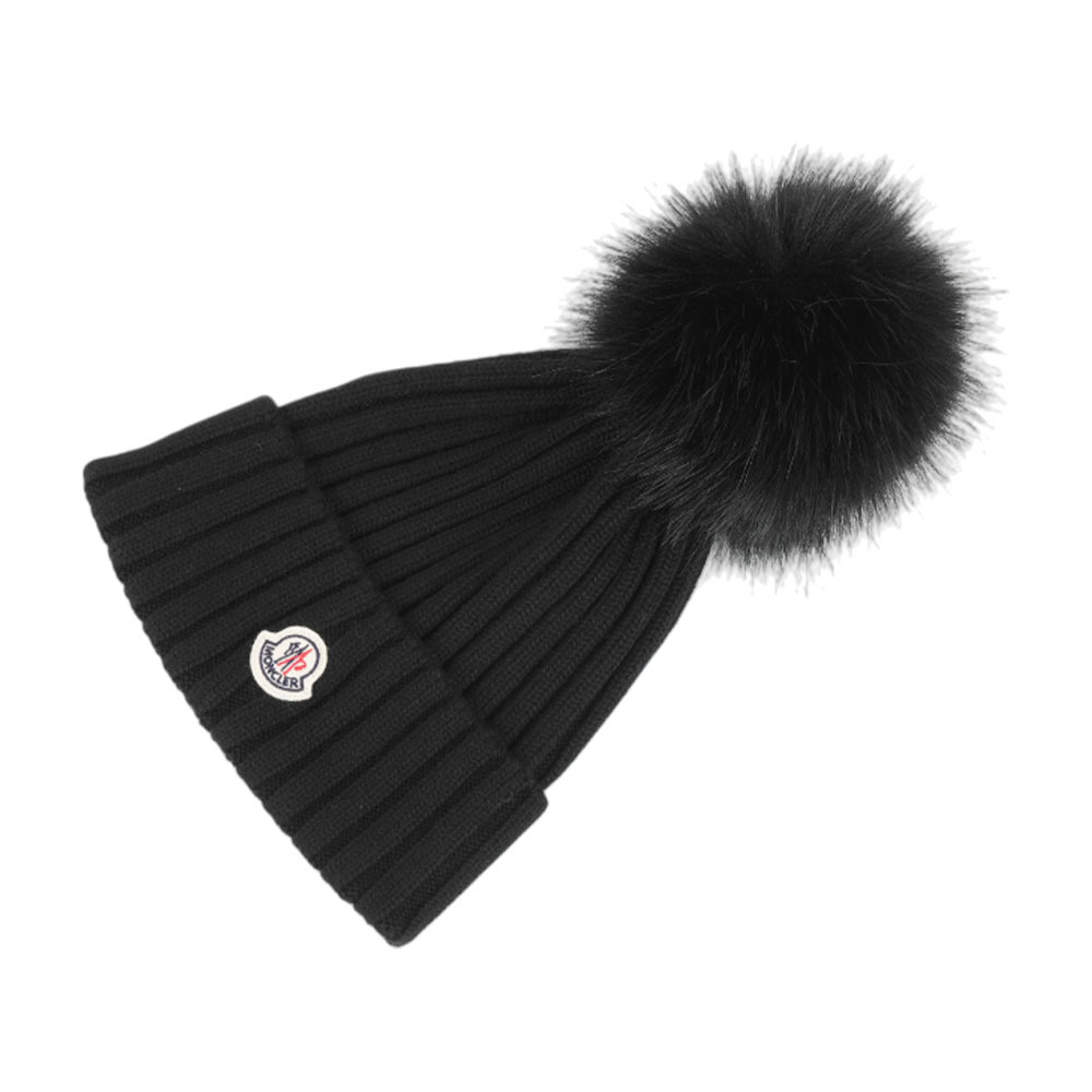 【Moncler】Logo 毛球及美麗諾羊毛毛帽(黑色)